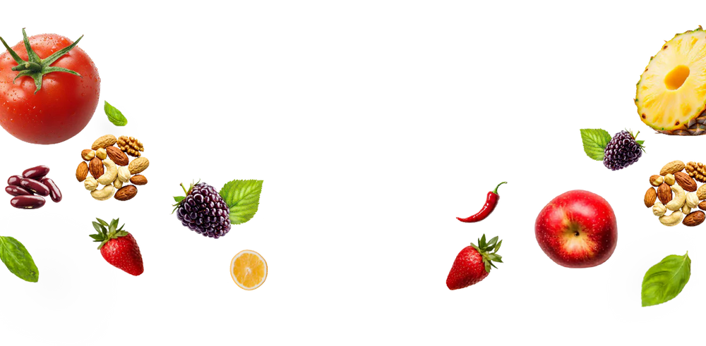 Assorted fruits and vegetables on a white background