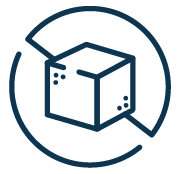 Icon of a box with a circular border, likely representing packaging or delivery.