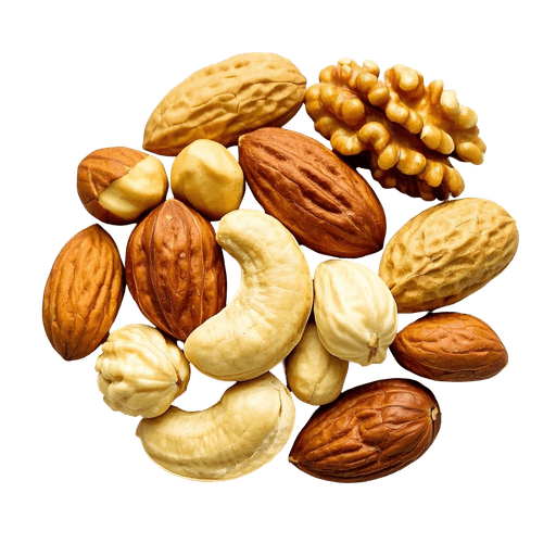 Assorted nuts including almonds, walnuts, and cashews on a transparent background