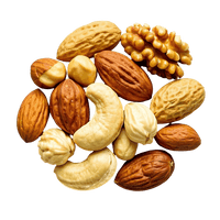 Assorted nuts including almonds, walnuts, and cashews on a transparent background