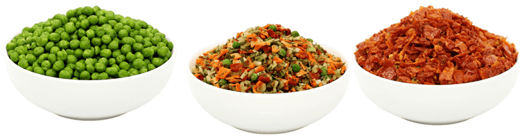 Three bowls of different food items on a gradient background