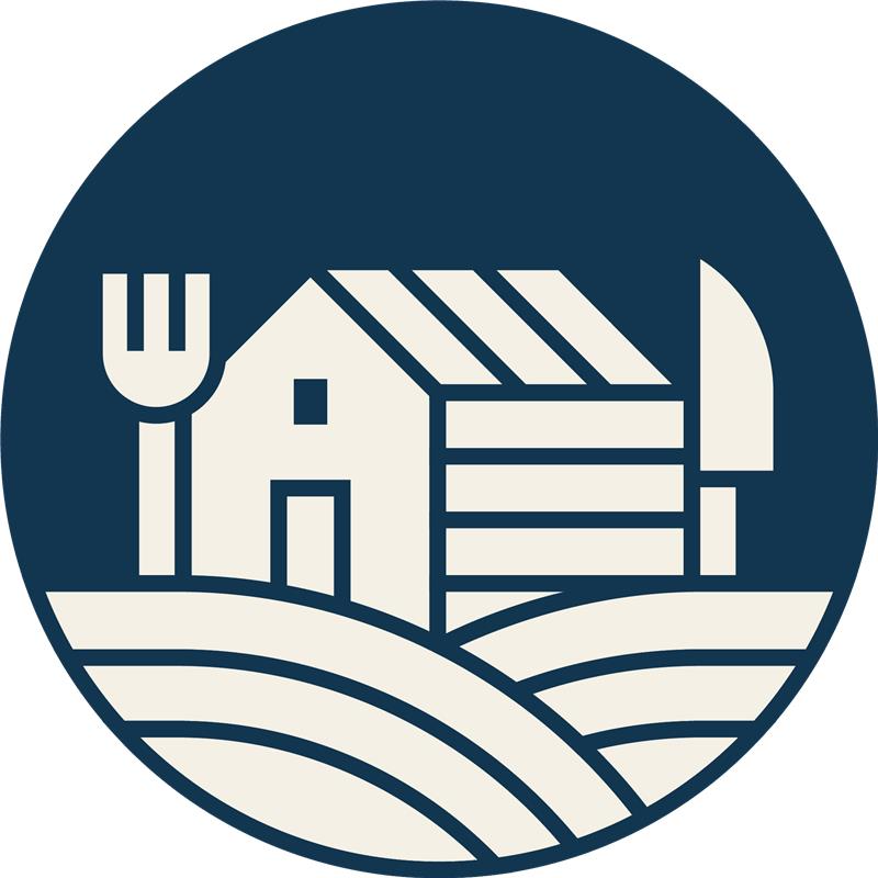Logo with a house, fork, knife, and plow on a blue background