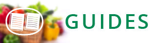 Text 'GUIDES' with a book icon and blurred fruits and vegetables in the background