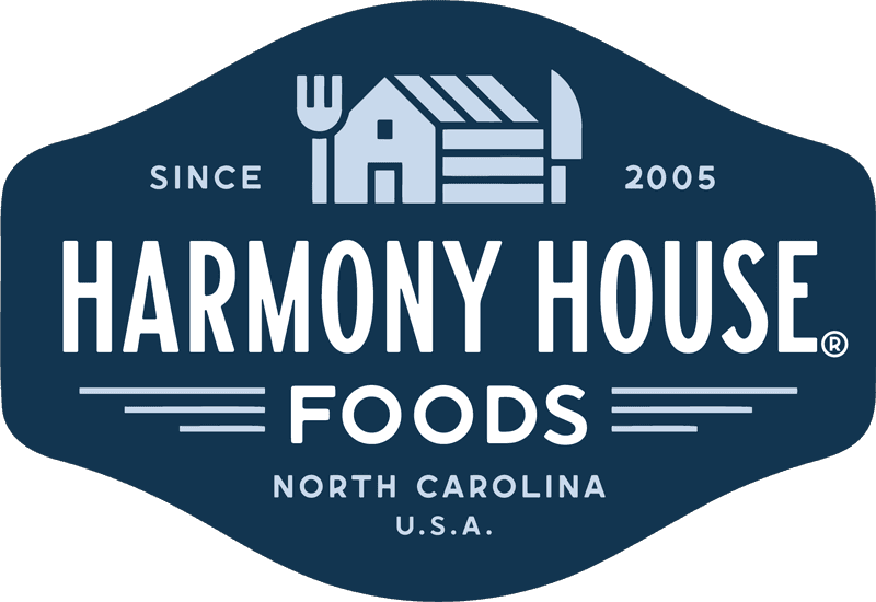 Harmony House Foods logo with a blue background