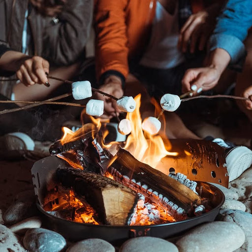 People roasting marshmallows over a campfire with flames and glowing embers.