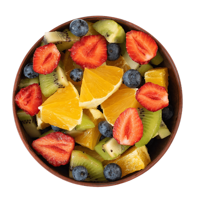 Fruit salad with strawberries, kiwis, oranges, and blueberries in a wooden bowl on a white background